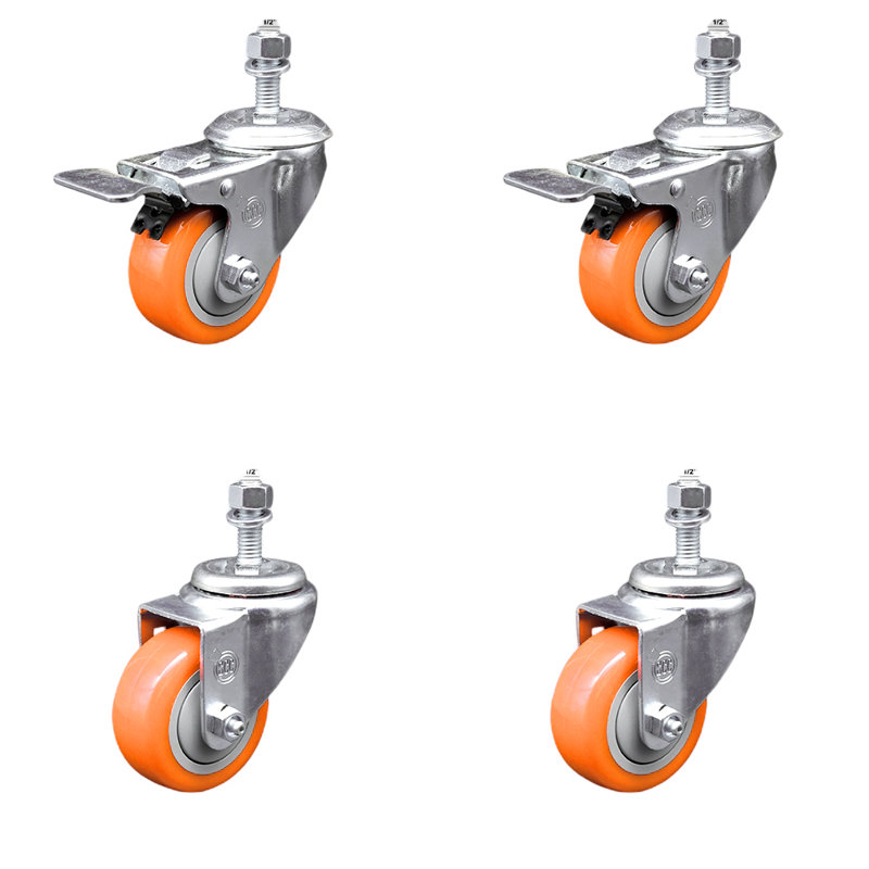 Ensemble de 3 roulettes à tige filetée en polyuréthane orange de 3 pouces et demi-frein
