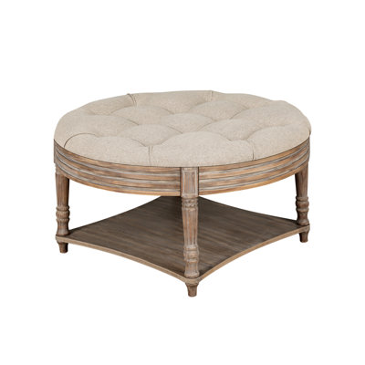 Grande table basse ronde avec repose-pieds imperméable surdimensionnée à 2 niveaux avec capitonnage à boutons et tablette en bois