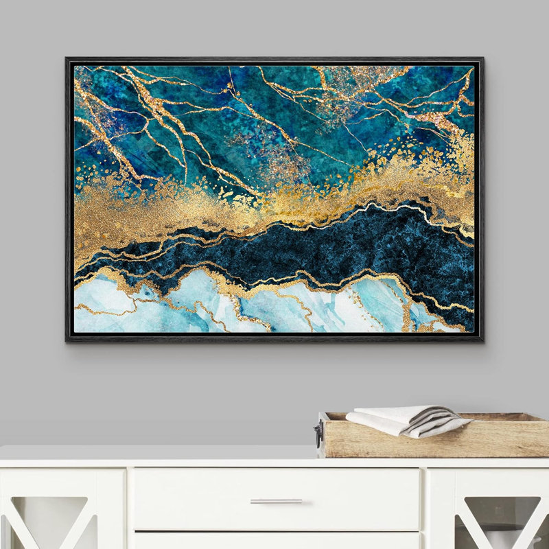 Or et sarcelle marbré foncé, paysage abstrait, formes modernes, sur toile, H 24 po x l 36 po x P 1,5 po, Cadre flottant noir