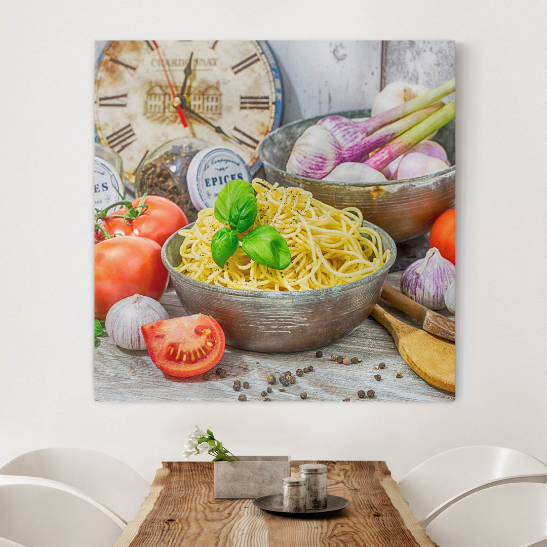 Leinwandbild Schale mit Spaghetti & Basilikum