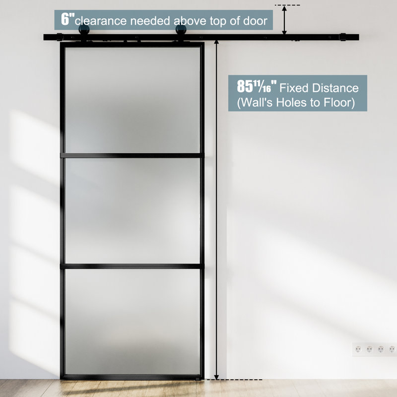 Porte de grange coulissante en métal et en verre givré 38 po x 84 po avec quincaillerie d'installation (fermeture en douceur incluse)