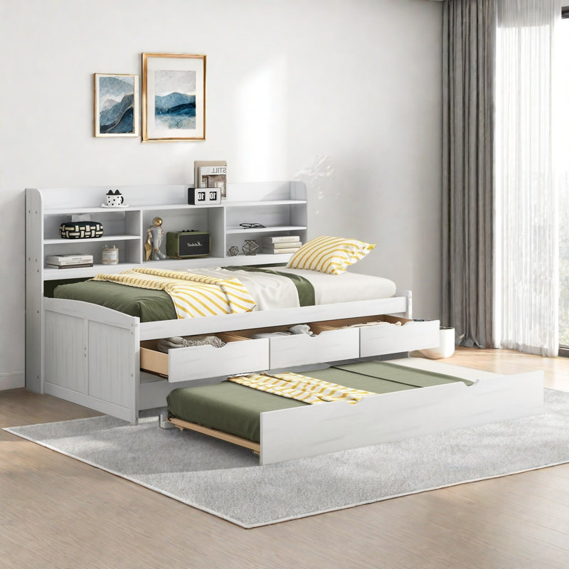 Wooden Daybed With Built-in Bookshelves, 3 Storage Drawers And Trundle, White Wash