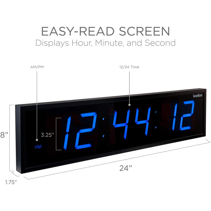 Ivation 24" Blue LED Digital Wall Clock with Remote