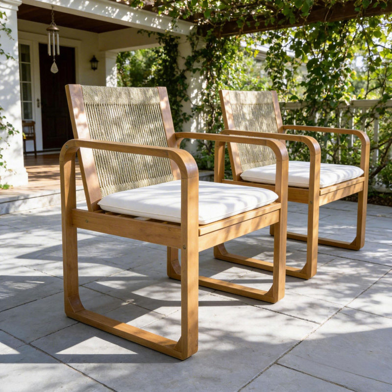 Ensemble de chaises de salle à manger d'extérieur 2 pièces: bois d'acacia avec dossier et coussin à cordes multiples, tissu hydrofuge, capacité de 400 lb