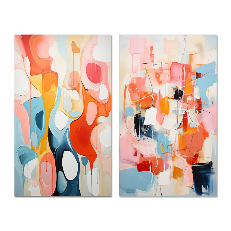 " Pink Beige Mid Century Atomic Abstraction " 2 - Pieces, Wrapped Canvas, 32" H x 32" W