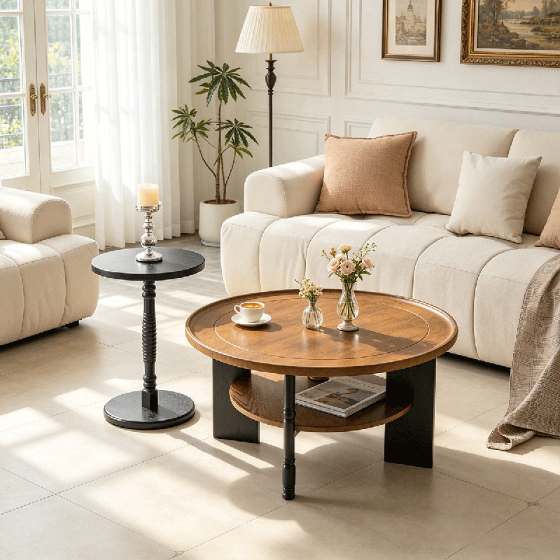 Table basse ronde en bois, ensemble comprenant une table basse et une table d'appoint, robuste et élégante