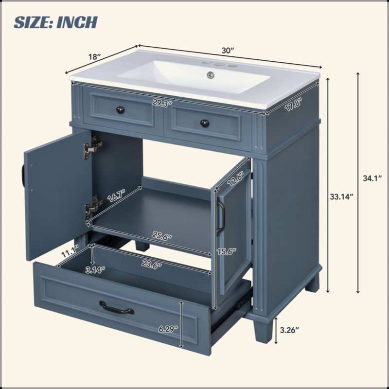 Meuble-lavabo de 30 po avec lavabo en céramique, armoire de rangement en bois massif avec portes à fermeture douce, style rétro