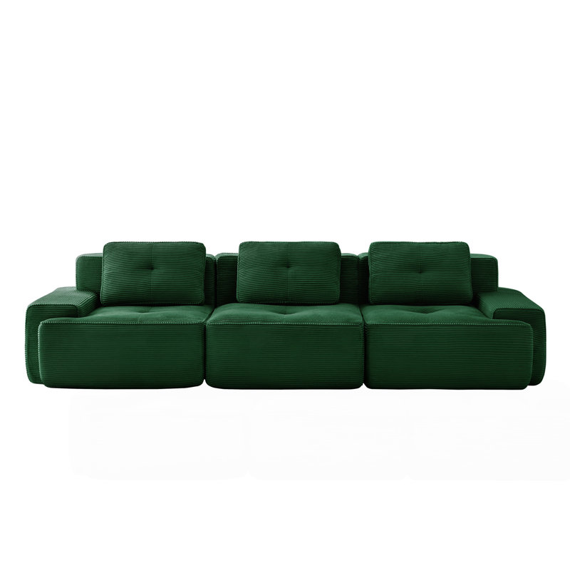 Canapé modulaire moderne de 117 po pour le salon, tissu en velours côtelé, canapé 3 places surdimensionné avec assise profonde, passepoil perlé, conception capitonnée, connexion par boucle, sans assemblage, conception antidérapante, vert