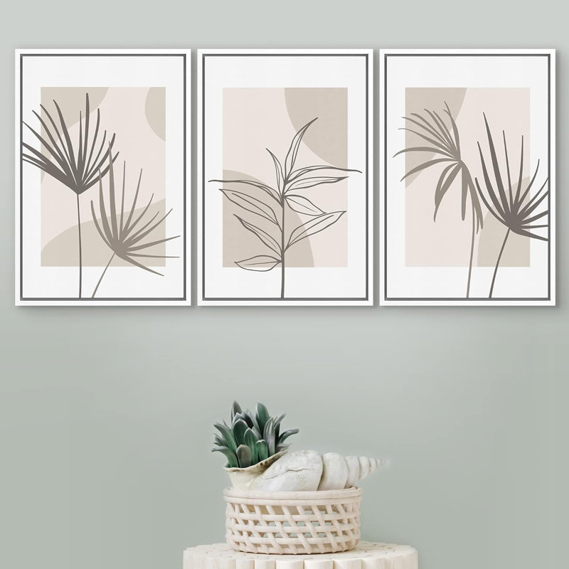 " Tropical Plant Silhouette Landscape Shape Abstract Illustration Modern Decor Relax Calm Chic " 3 - Pieces, Blanc