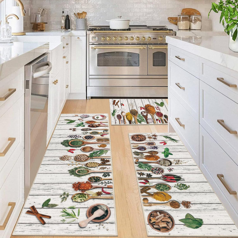 Farmhouse Non Slip Washable Kitchen Mats (Set of 3), Ivory