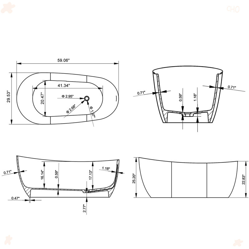 59 Inch Freestanding Solid Surface Soaking Bathtub