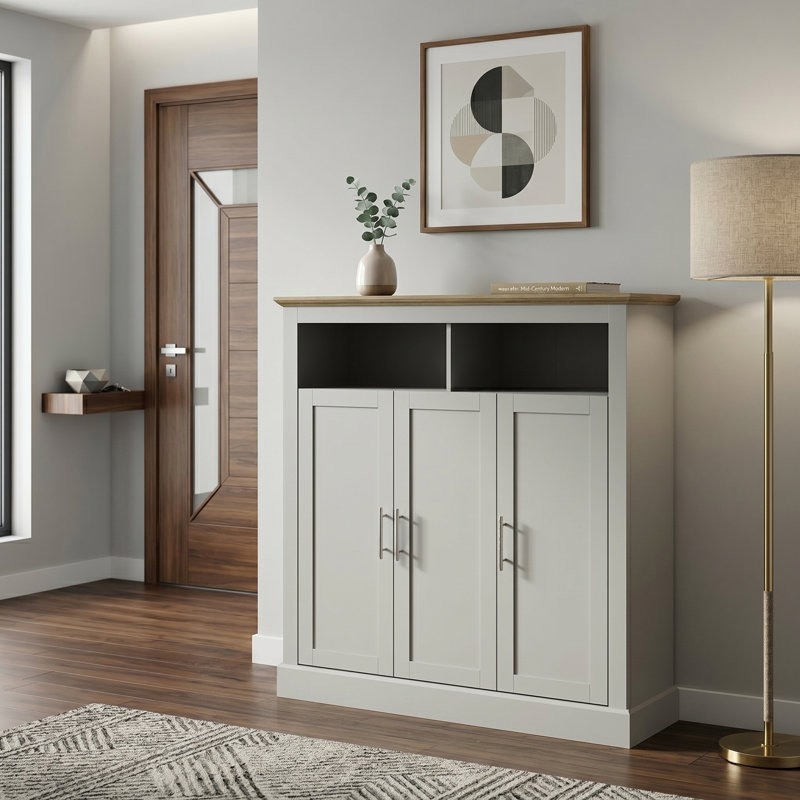 Sufy 3 Door Shoe Cabinet with Open Shelves, Light Grey