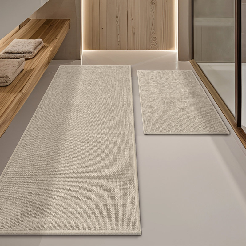 2 Piece Linen-Look Bath Rug Set with Non-Slip Backing, Beige