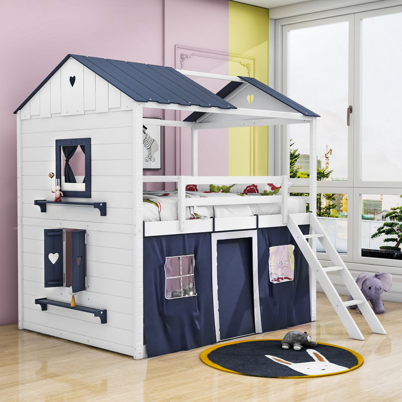 Pokorny Kids Full over Full Size Wood Bunk Bed with Ladder, Window and Tent, Blue/White