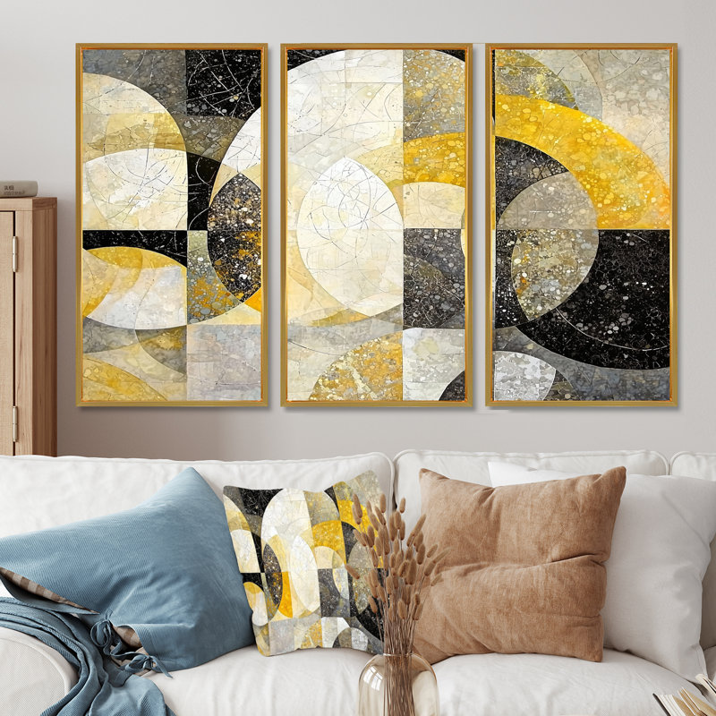 «Celestial Balance of Yellow Mosaic II», ensemble d'art mural géométrique abstrait, H 40 po x l 60 po, Doré