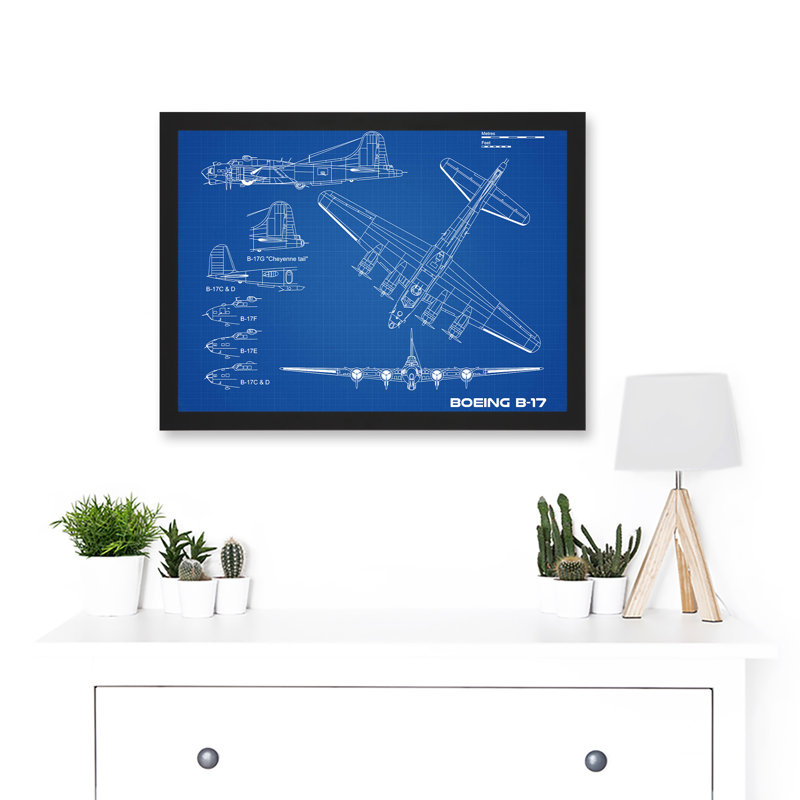 US Airforce Boeing B-17 Flying Fortress Plane Blueprint Plan - Single Picture Frame Print, 33cm H x 44.5cm W x 1.5cm D