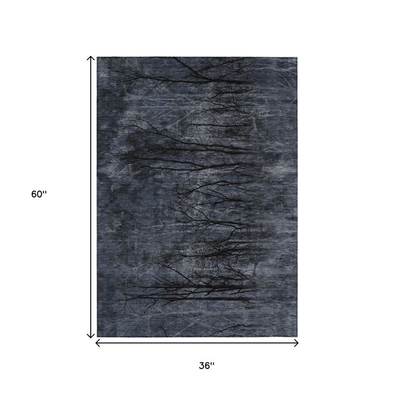3' X 5' Charcoal And Gray Floral Washable Indoor Outdoor Area Rug