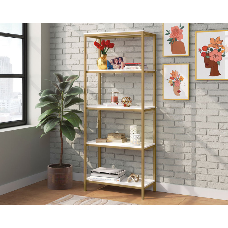 North Avenue Tall 4-Shelf Sindoori Mango and Black Metal Bookcase