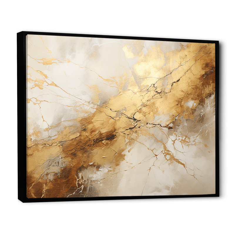 «Beige and Gold Marble Lightning I», reproduction d'art sur toile encadrée, Cadre flottant noir, H 24 po x l 32 po x P 1 po
