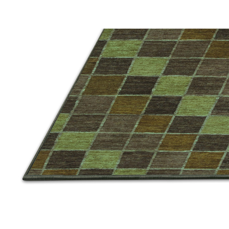 Tapis à carreaux en laine / polyester tissé à la machine en vert / brun, Rectangle 6 pi x 9 pi