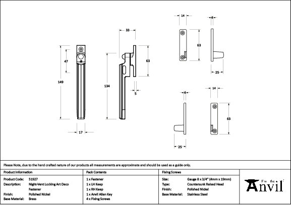 Art Deco Night-Vent Locking Fastener, Polished Nickel