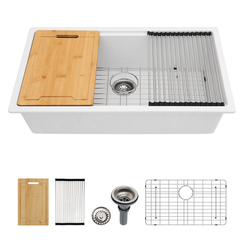 Évier de cuisine encastré en granite 28 po x l 28 po Beslend, blanc, 9.65" H x 28" L x 19" W
