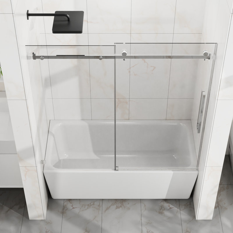 Porte de douche, verre trempé transparent, coulissant réversible, seuil de blocage de l'eau, baignoire ajustable 56 H 60 po, H 1/4 po, 6 mm, rebord anti-éclaboussures, roulettes