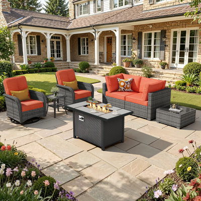 Ensemble de conversation d'extérieur en osier 7 pièces avec chaises pivotantes et table de foyer de 42 pi, ensemble de sièges toutes saisons avec coussins pour le jardin, la cour arrière