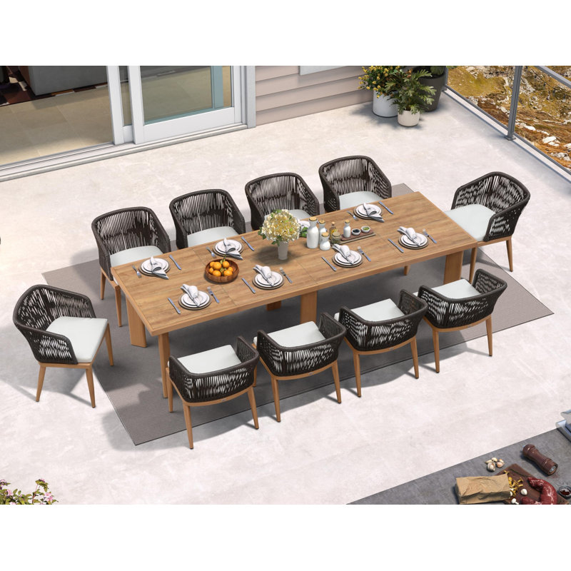 Ensemble de table et chaises d'extérieur mauve en rotin et osier, Coussin blanc / teck / structure noire, 10