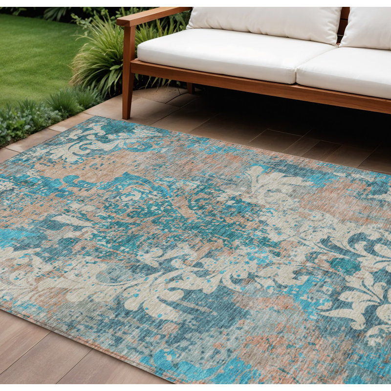 Tapis intérieur lavable 10 pi x 14 pi bleu sarcelle ivoire et brun clair
