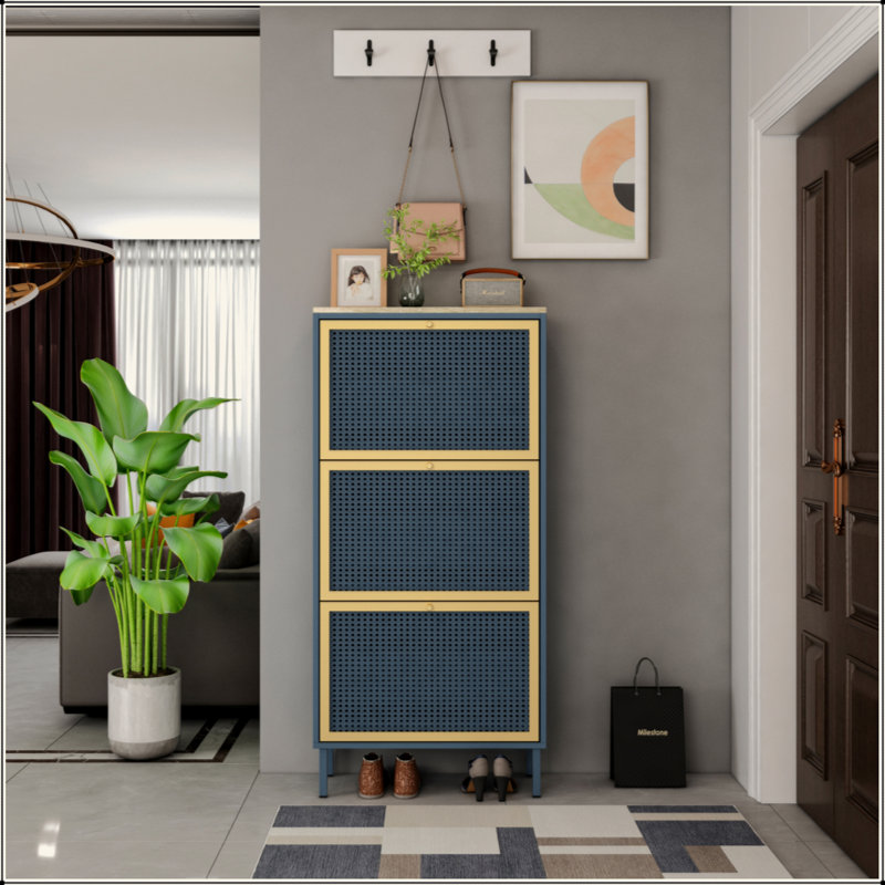 3 Metal Door Shoe Rack, Freestanding Modern Shoe Storage Cabinet, Metal Rattan, For Entryway