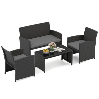 4 Piece Patio Rattan Conversation Set Wicker Loveseat Armchairs