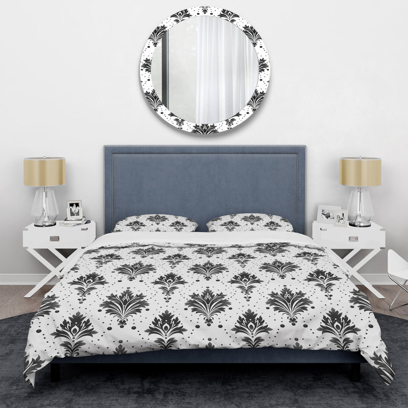 Ensemble de housse de couette transitionnel noir et blanc damassé Glamour I