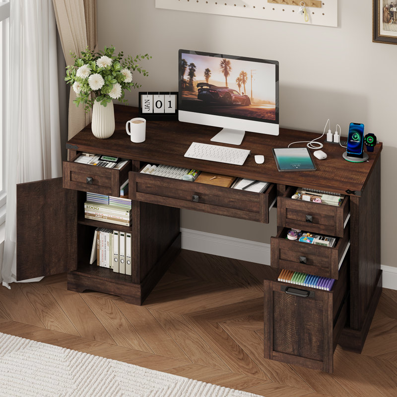  58'' W Rectangle Computer Desk with Storage Cabinet and Drawers, Farmhouse Home Office Desk, Wooden Executive Desk with Charging Station