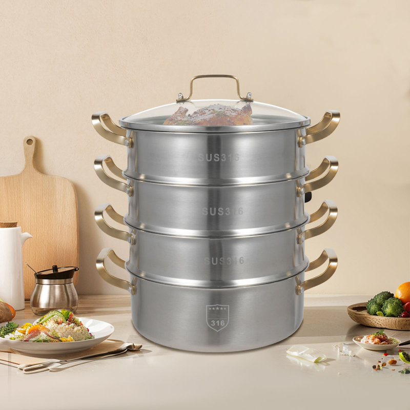 Casserole à vapeur à 4 niveaux en acier inoxydable avec couvercle visuel, 11.02", 4