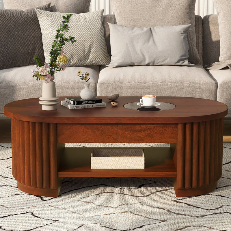 Table basse ovale cannelée de style moderne du milieu du siècle avec tiroirs de rangement, plateau en verre trempé, table basse en bois à 2 niveaux