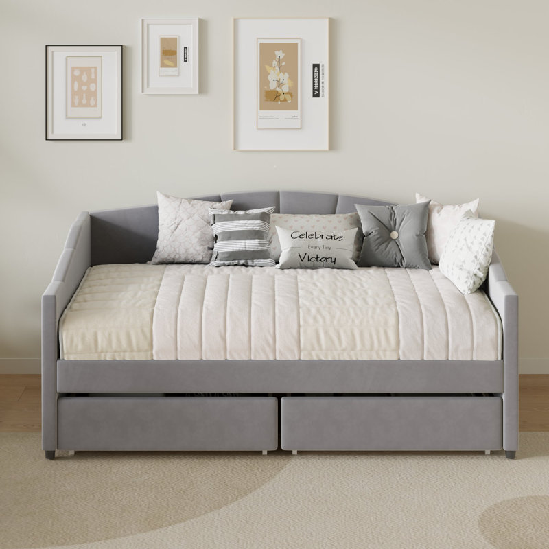 Lit de jour simple en velours avec tiroirs Eliana - Fabrication solide, maximisation de l'espace, Gris