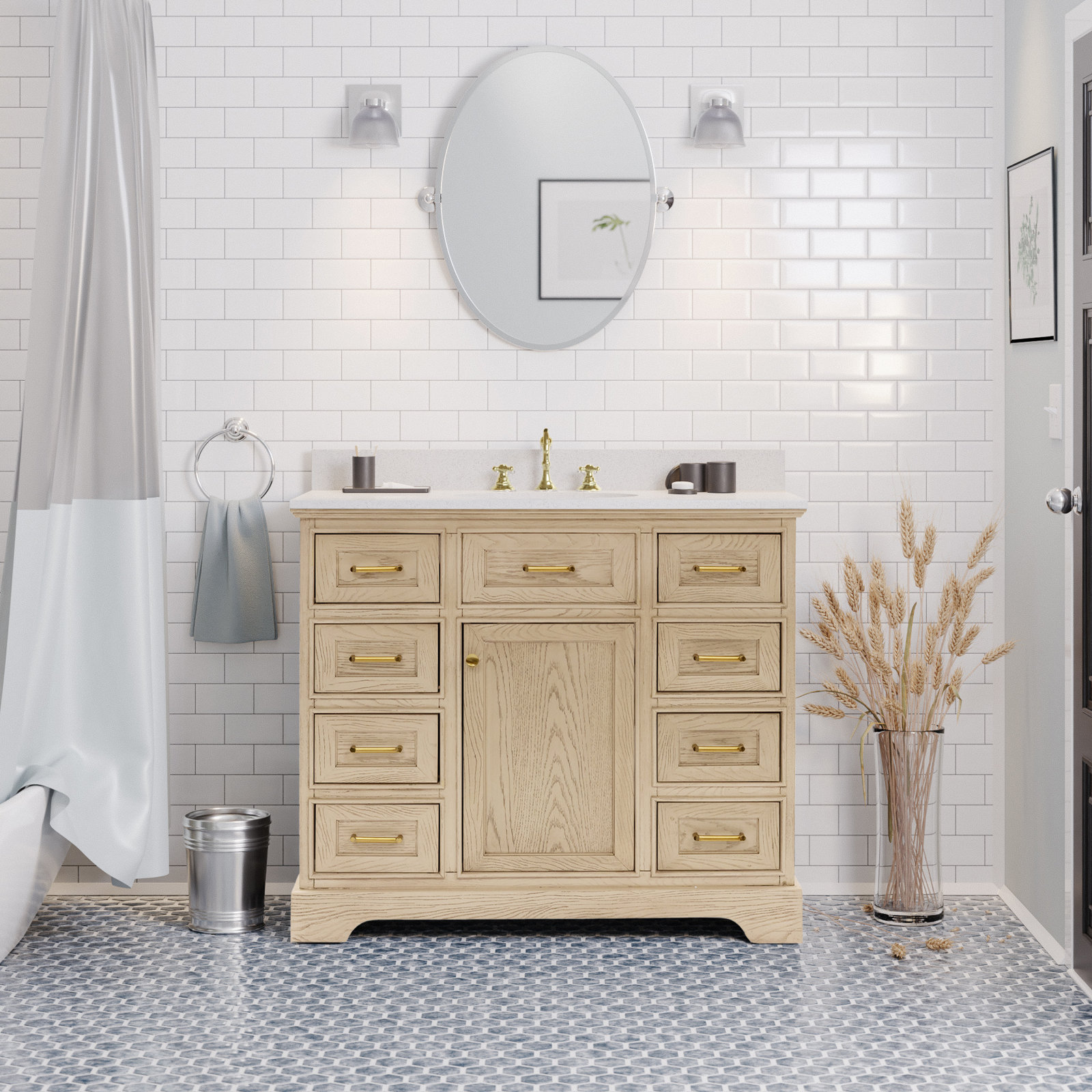 Ronnie 42'' Single Bathroom Vanity, Engineered White, Greige Oak