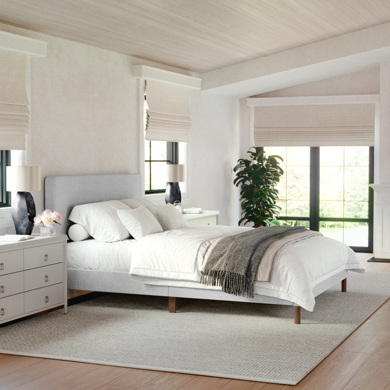 Gray Queen Upholstered Platform Bed with Linen Headboard