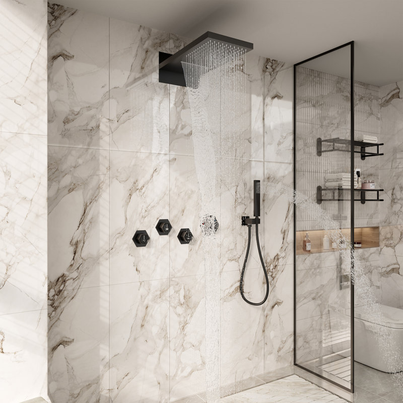 22" Wall-Mount LED Bluetooth Music Thermostatic Rainfall Complete Shower System with Rough in-Valve, Matte Black