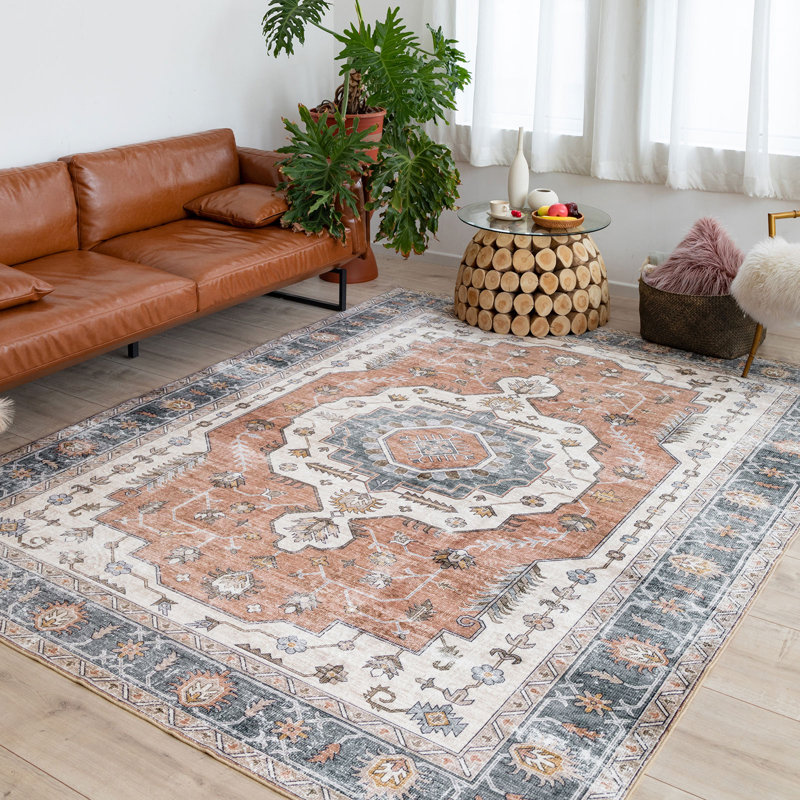 Janna Oriental Medallion Design Performance Machine Washable Area Rug Orange/Ivory/Pink, Rectangle 5' x 7'