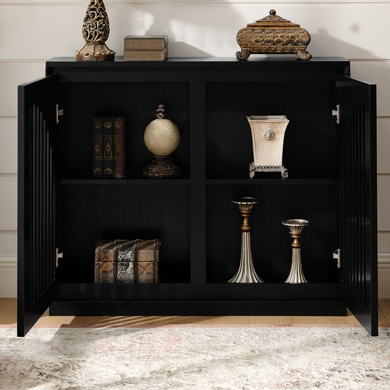 Mid Century Modern Fluted Sideboard Cabinet With 2 Outlet Holes, Buffet Cabinet With Storage, Narrow Side Cabinet For Living Room Entryway Hallway Kitchen Coffee Bar, Black