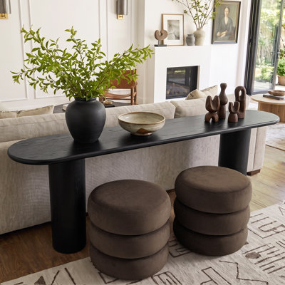 70" Black Console Table Set with 2 Upholstered Round Ottomans