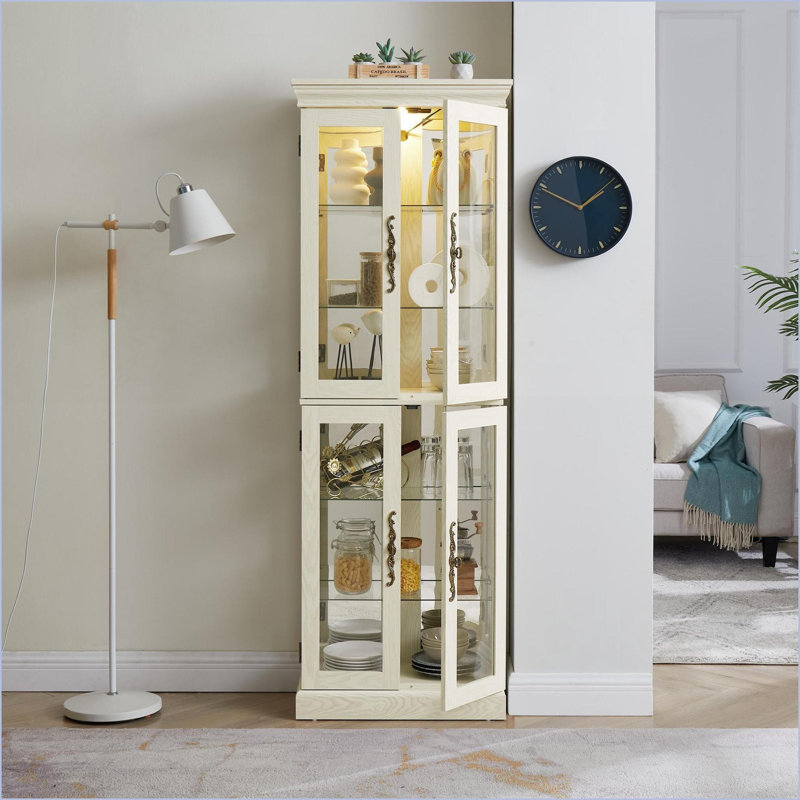 Cabinets Lighted Glass Curio with Antique White Wood Frame, Adjustable Shelves, Bulb Included | Shabby Chic | Living Room
