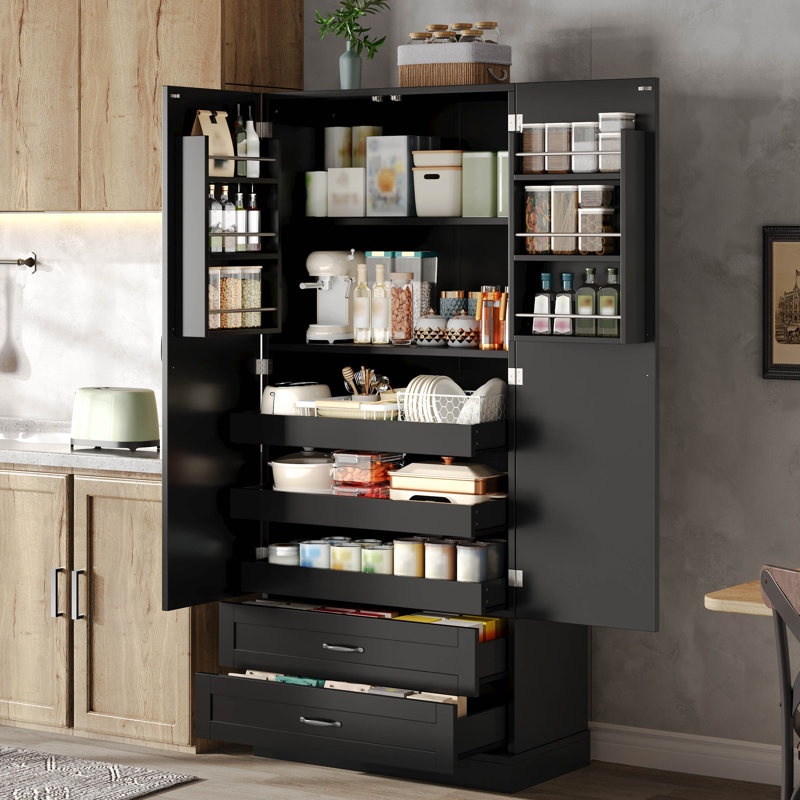 Tall Kitchen Cabinet With Shelves, Black