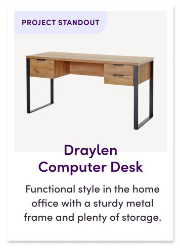 Project Standout, Draylen Computer Desk, functional style in the home office with a sturdy metal frame and plenty of storage.