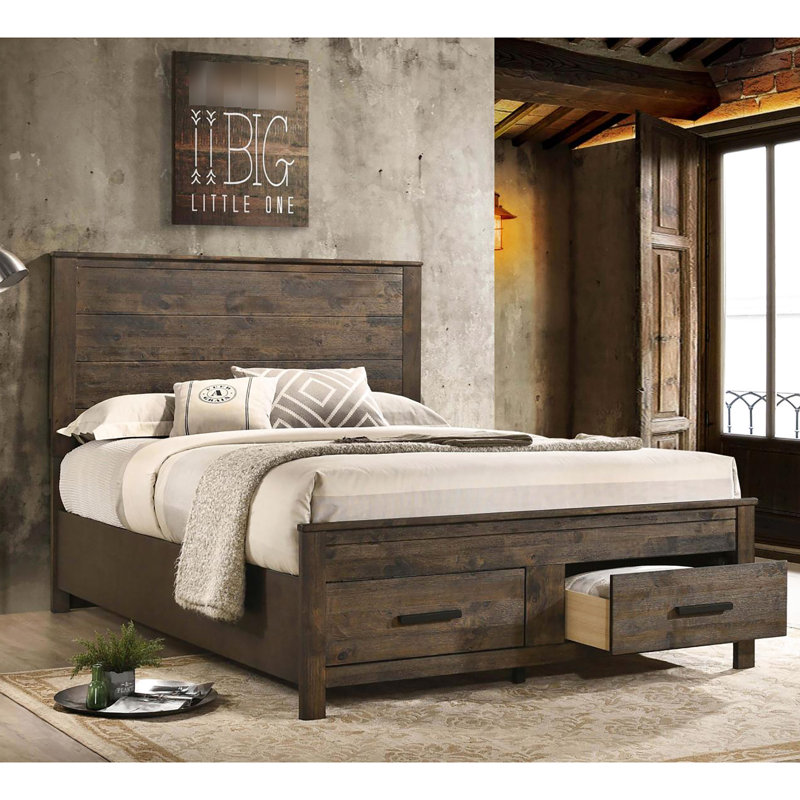 Style de grand lit rustique avec rangement en bois massif et en bois de qualité brun doré