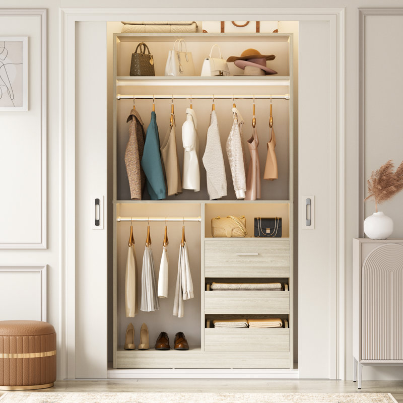 36" Closet System With 3 Drawers And 2 Rods,Shoes Storage, Ivory