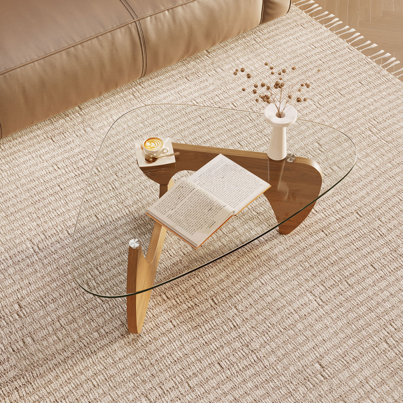 Table basse triangulaire en bois naturel avec plateau en verre trempé de 42,5 po x 28,5 po x 16,1 po pour le salon / la chambre à coucher / le bureau