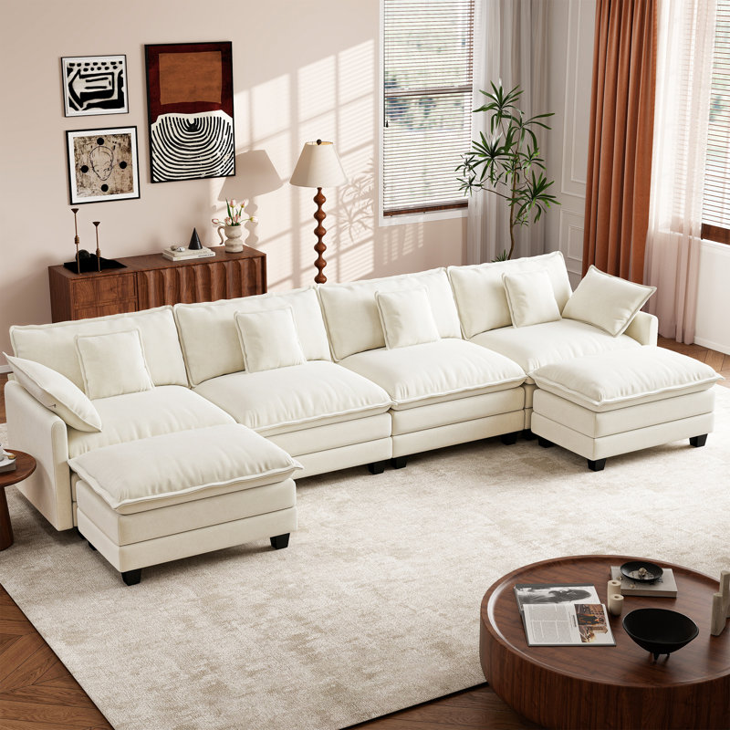 Canapé modulaire modulaire en U en chenille de 146,5 po avec deux repose-pieds George, Beige 